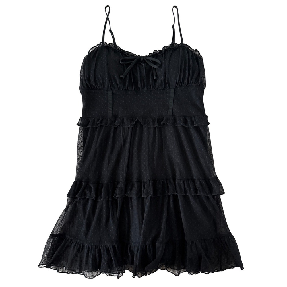 Tiered Lace Black Mini Dress Baby Doll Smocked Lace Whimsigoth Dark Fairy L Y2K
